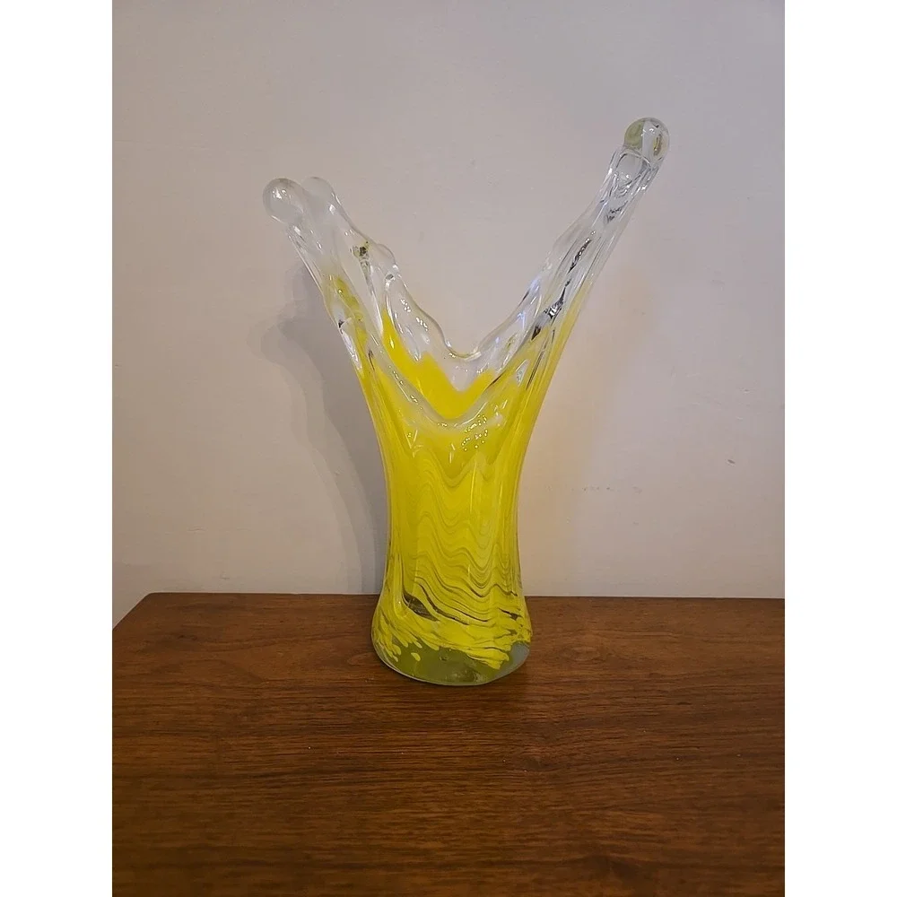 Vintage Dramatic Art Glass Yellow Swirl Swung Wave Vase Clear 11.25in